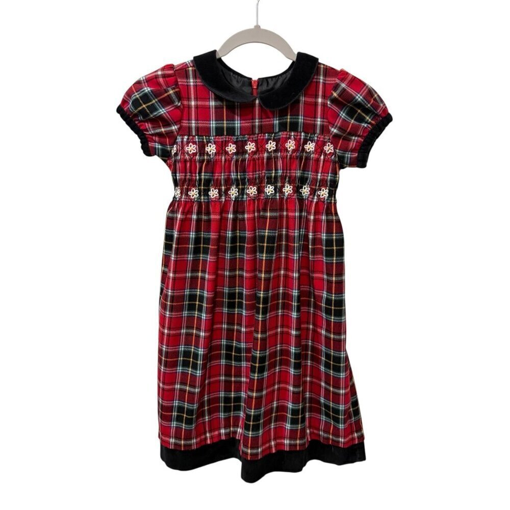 Hanna Andersson Girls Red Plaid Dress With Velvet Collar Christmas 120 sz 6